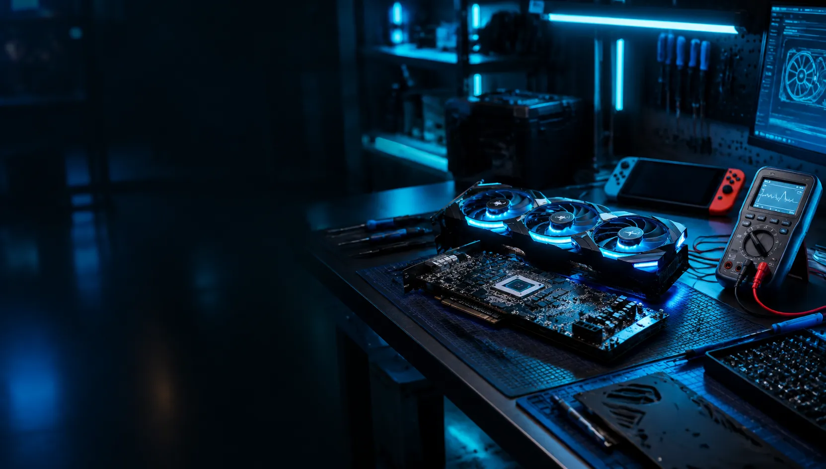 Hardware engineering testing lab workbench with diagnostic meters, illuminated GPU, and handheld consoles