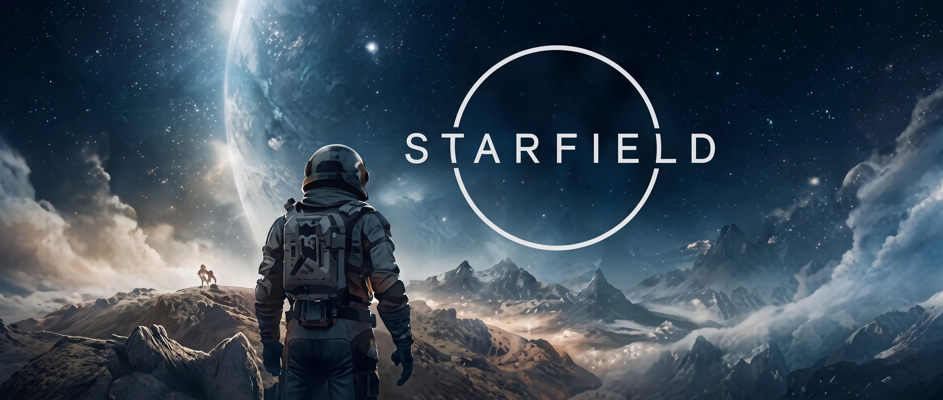 An astronaut facing a ringed planet over a frozen ridge