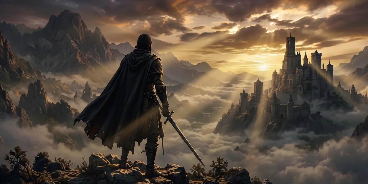 A lone figure on a ridge above a wide valley